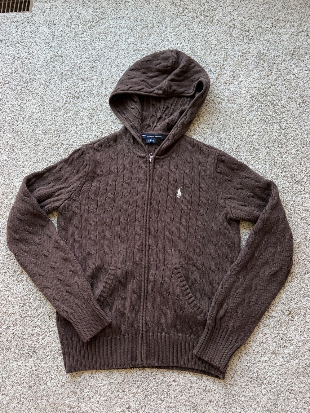 Ralph Lauren Brown Cable-Knit Zip Hoodie Sweater - Picture 4 of 11